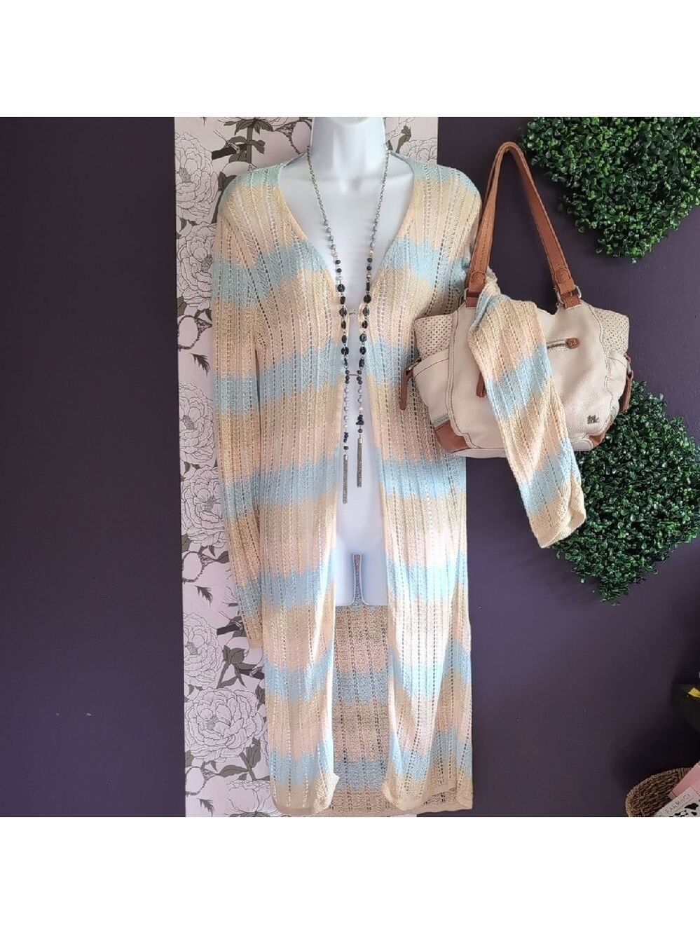 Honey Punch Beige and Light Blue Long Cardigan - Picture 3 of 6